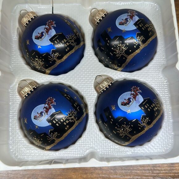 Christmas by Krebs Glass Ornaments set of 4 Blue Santa on Sleigh Reindeer - Picture 1 of 5